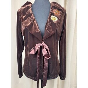 Y2K Chocolate Brown Velvet Tie Front Jacket Beaded Floral Soft Goth‎ Fairy XL